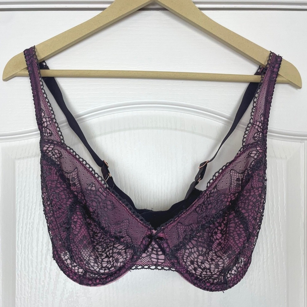 Fayreform F73-466 Lace Underwire Bra 34G Purple Black Floral Adjustable Straps